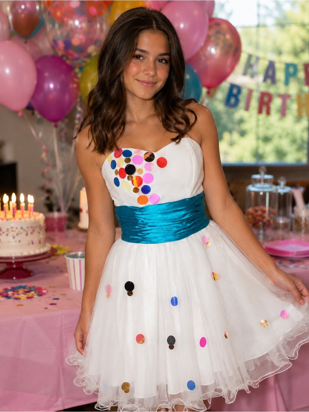 Nox Anabel White Tulle Party Dress with Teal Sash and Confetti Dots Junior M
